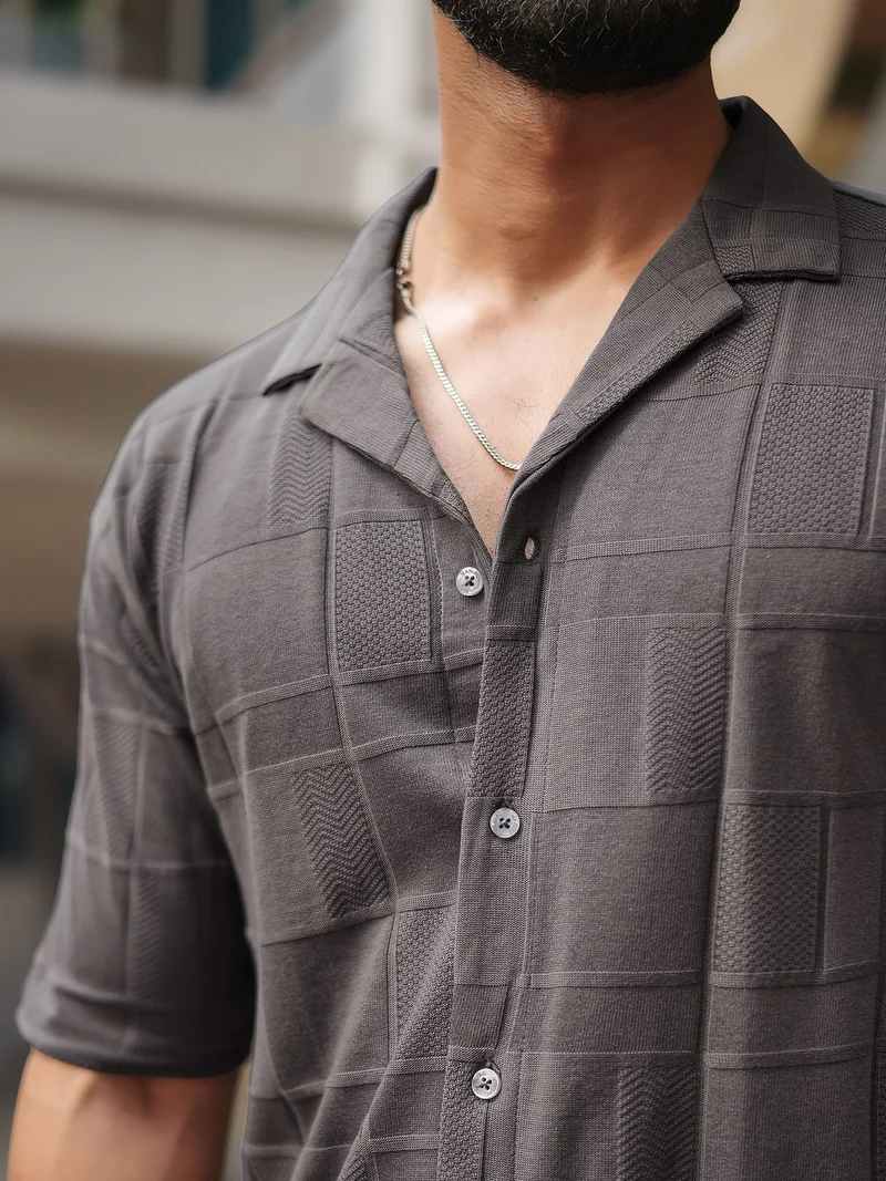 Maniac  Maniac Mens Solid Cubic Textured Knit Collared Neck Dark Grey Shirt for Men | Best Price UAE